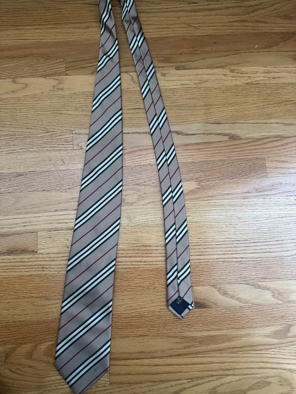 Burberry Tan Striped Silk Tie with Black, White and Red Accents